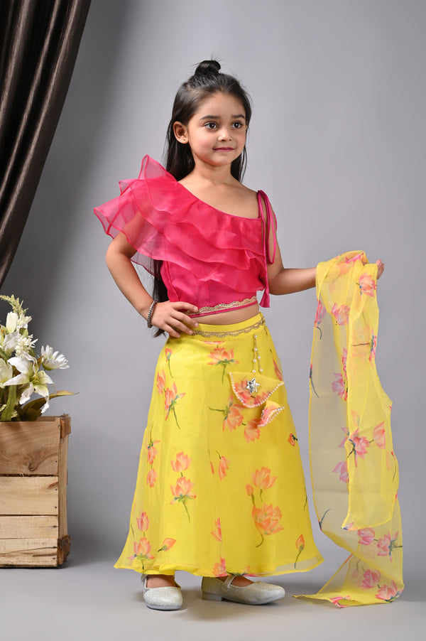 Little Kilkaari Pink and Yellow Lehenga, Top, and Dupatta Set