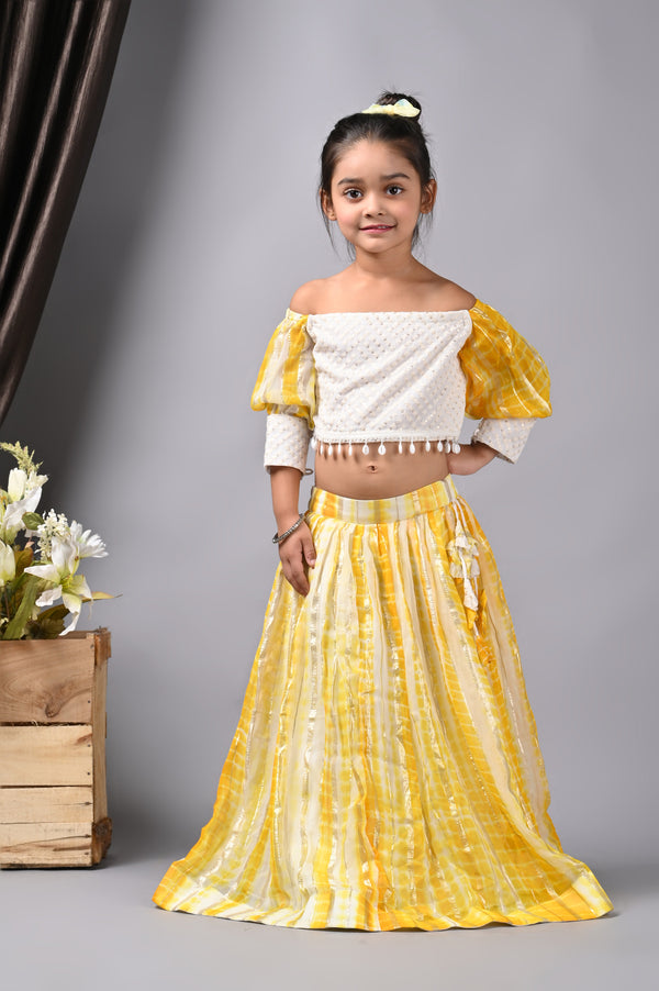 Little Kilkaari White and Yellow Multicolour Lehenga, Top, and Dupatta Set