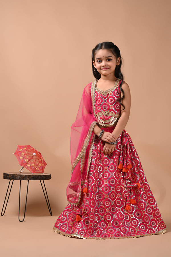 Little Kilkaari Red Georgette Tassle Lehenga Set