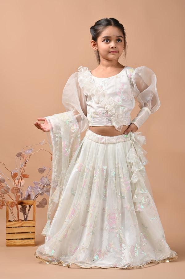 Little Kilkaari Cream Lehenga, Top, and Dupatta Set with Ruffles