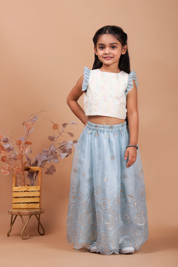 Little Kilkaari Teal Lehenga and White Top Set