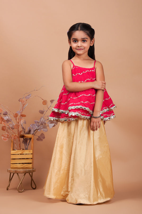 Little Kilkaari Pink and Golden Skirt and Top Set