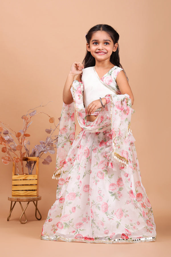 Little Kilkaari White Flower Print Lehenga Set