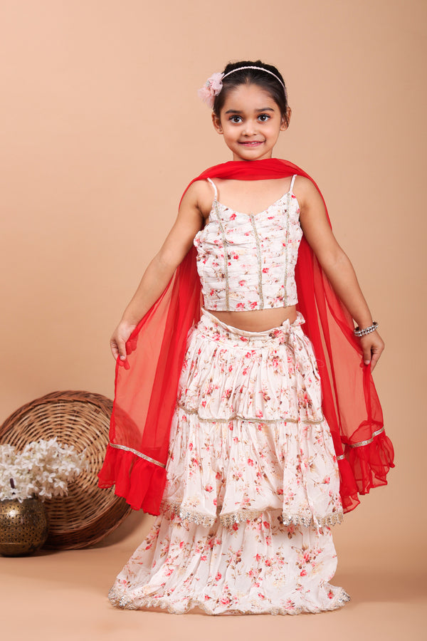 Little Kilkaari White Flower Print Lehenga Set