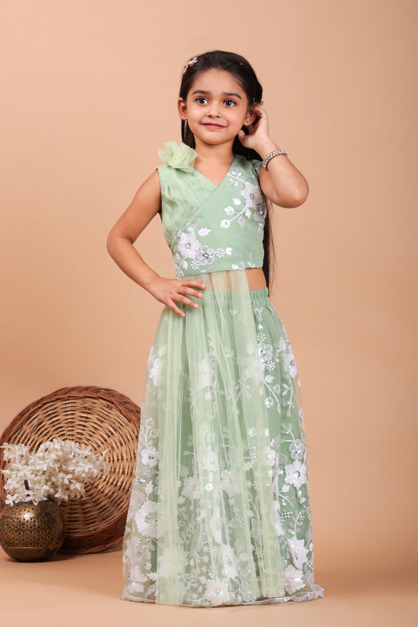 Little Kilkaari Green Net Lehenga Set